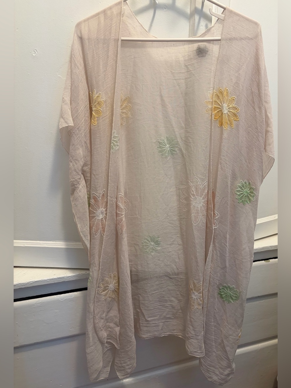 Sheer Floral Embroidered Kimono - Pale Blush with Yellow & Mint Flowers